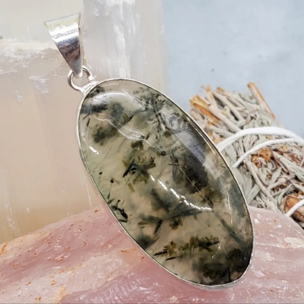 Large Genuine Prehnite Cabochon White Rhodium/Silver Artisan Pendant